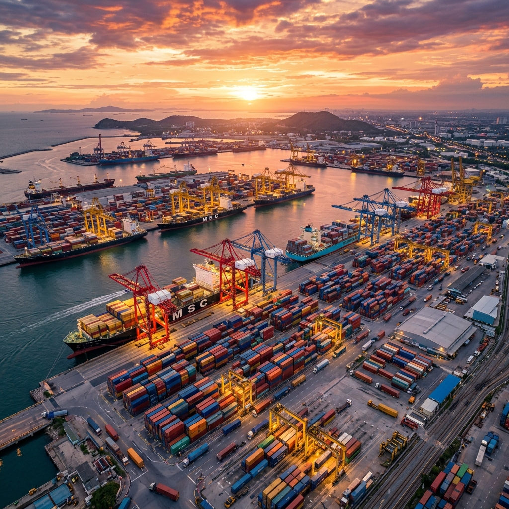 Thai International Shipping Port at Sunset